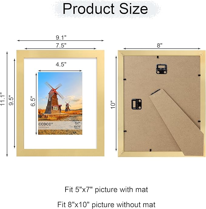 8x10 Picture Frame Set of 4, 8 x 10 Wood Photo Frames with Mat for 5x7, Wooden Frame with Real Glass Cover for Wall and Tabletop Display,Gold