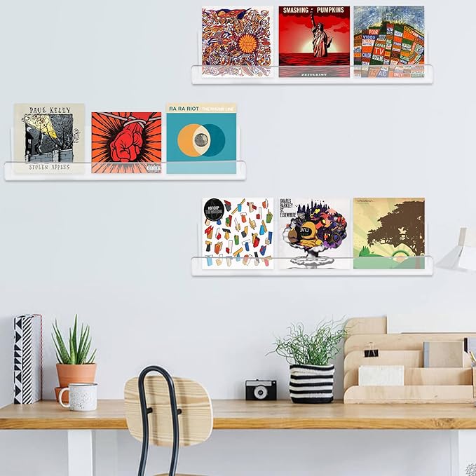 6 Pack Clear Acrylic Floating Shelves for Wall, 15'' Plastic Wall Mounted Display Shelf Kids Bookshelf and Spice Organizer for Bedroom, Living Room, Kitchen, Bathroom, Office