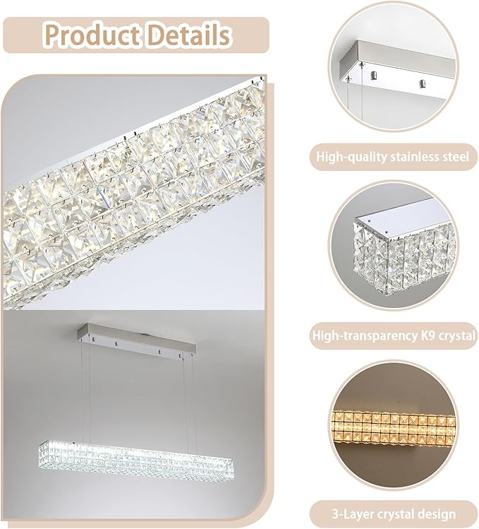 Modern Crystal Chandelier Silver Rectangular Crystal Chandelier Contemporary Linear Pendant Ceiling Light Fixture for Living Dining Room Kitchen Island (L 40")