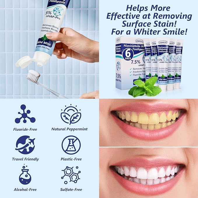 7.5% Nano Hydroxyapatite Toothpaste,6 Pack Fresh Breath Toothpaste for Remineralizing Enamel & Sensitive Relief,Whitening,Antiplaque,Natural Peppermint,Fluoride-Free