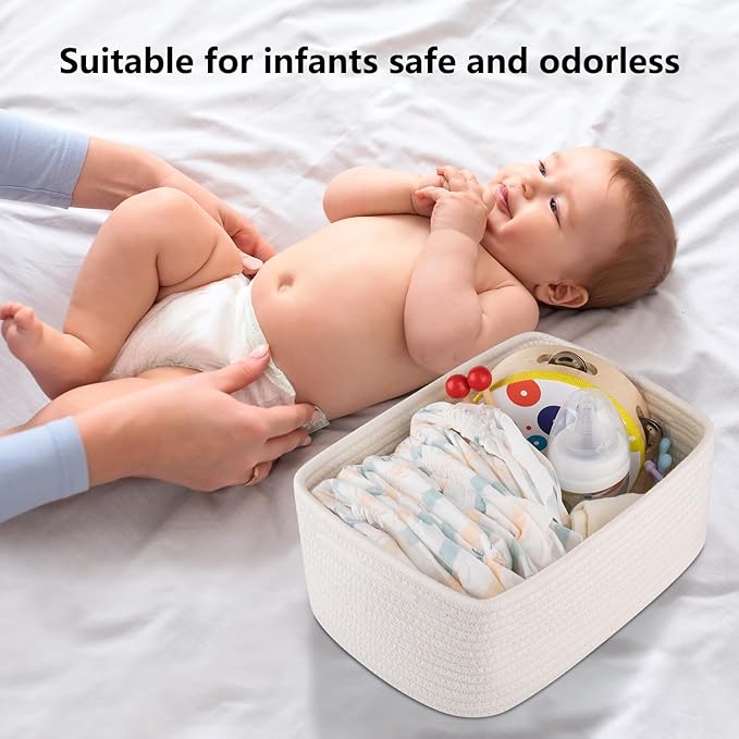 4 Pack Small Storage Shelf Baskets for Organizing, Mini Woven Rope Storage Bins for Towels, Cute Decorative Closet Organizer，Baby Nursery, Gift Empty Baskets -11.81''Lx7.87''Wx4.72''H-White