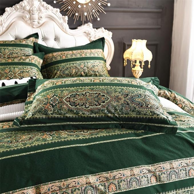 ABREEZE Bohemian Vintage Queen Size Floral Cotton Bedding Set 3Pcs Duvet Cover Set Boho Green Paisley 100% Egyptian Brushed Cotton Reversible Home Bedding Collection