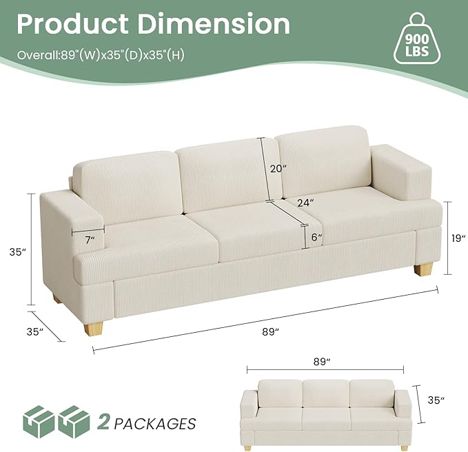 3 Pieces Corduroy Couch Set for Living Room, 3 Seater*2 & Loveseat Cloud Sofa, Deep Seat Floor Couch for Bedroom, Futon Modern Sofa Bed, White Corduroy