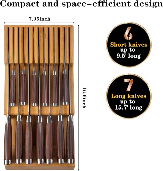 Bamboo Kitchen Drawer Knife Block, In drawer Knife Holder, Knife Drawer Organizer fit for 13 knives