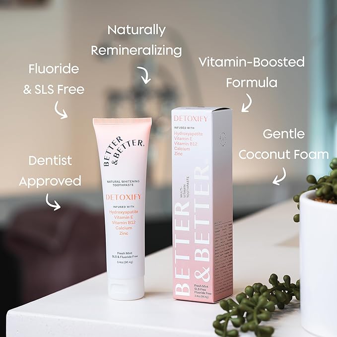 Better & Better Detoxify Hydroxyapatite Toothpaste | Whitening Toothpaste Infused w/Vitamins E & B12, Calcium & Zinc | Fluoride & SLS Free for Sensitive Brushers | Fresh Mint Flavor | 3.4oz, 3 Pack