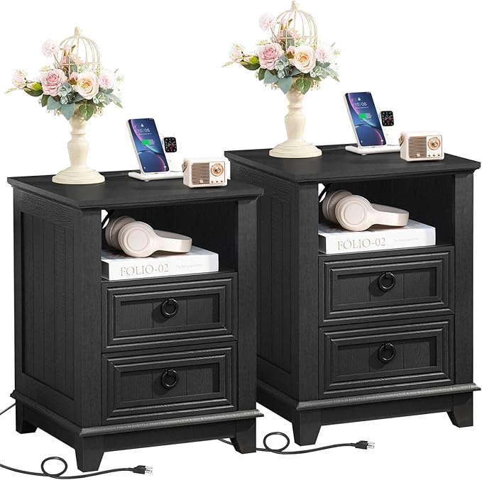 18" Night Stands Set of 2 with Charging Station, Farmhouse 2 Drawers End Table Dresser for Bedroom, Black Wooden Nightstand, Bed Side Table with Open Shelf, Bedside Cabinet for Living Room