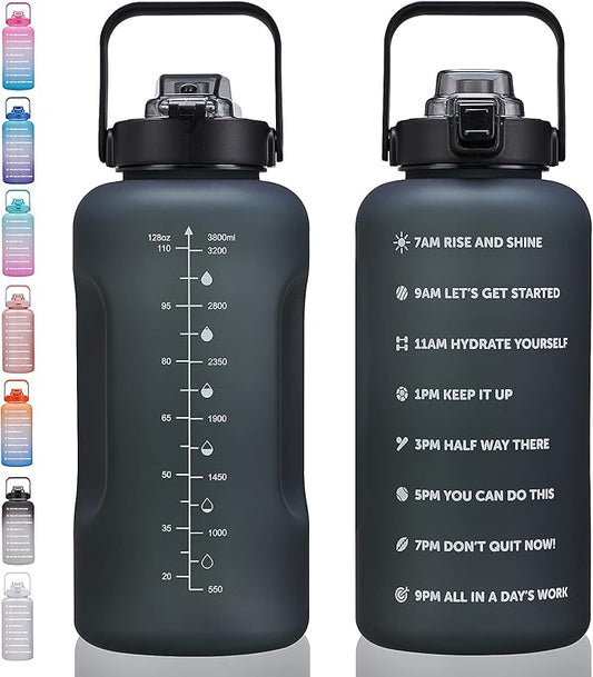 64oz,100oz,128oz Large Motivational Water Bottle with Time Marker, Leakproof & BPA Free Half Gallon Big Water Bottle with Straw Handle Tritan Frosted Water Jug for Gym,Fitness,Outdoor Sports