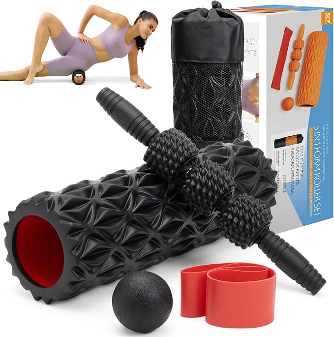 5 in1 Foam Roller Set, Trigger Point Foam Roller, Massage Roller Stick, Massage Ball, Resistance Band for Deep Muscle Massage Pilates Yoga,Fitness Exercise for Whole Body (Pure Black)
