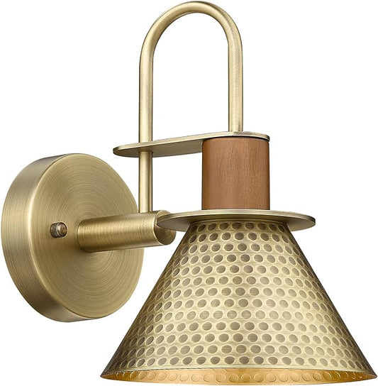 Barn Sconce Wall Lighting, HWH Gooseneck Wall Sconces Indoor Wall Lights, 1-Light Vanity Wall Lamp for Bathroom Bedroom Bedside Kitchen, Hammered Metal Shade, Antique Brass Finish, 5HZG74B BG