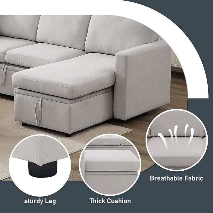 7 - Seater Sofa Bed, Large U - Shaped Modular Sectional Sofa, Oversized Pull - Out Sleeper with Storage for Living Room, Light Grey