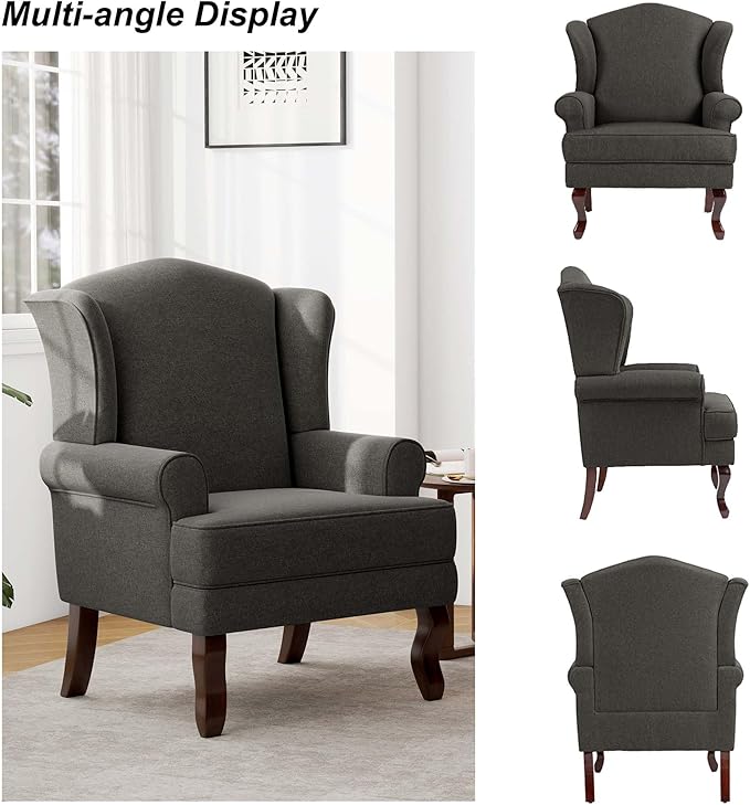 Accent Chair, High Back Upholstered Armchair with High Resilience Sponge & Wood Legs, Mid-Century Modern Comfy Single Sofa Reading Chairs for Living Room, Bedroom (Dark Grey, Set of 1)