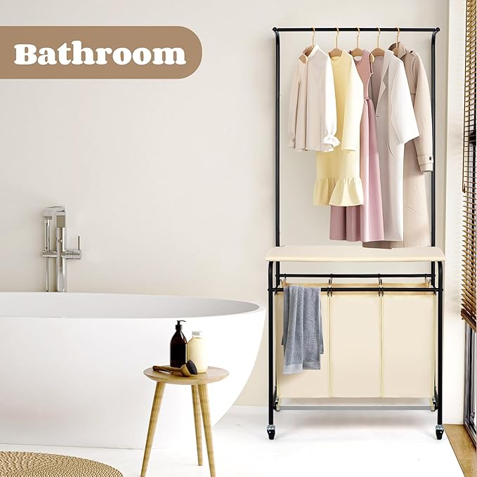 MYOYAY 3 Section Laundry Sorter with Garment Hanging Bar Rack Foldable Ironing Board, Laundry Basket Organizer Heavy Duty Laundry Hamper Rolling Cart with Lockable Wheels and 3 Removable Bags