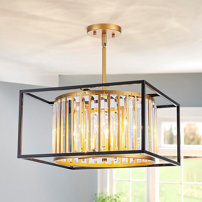 5-Lights K9 Crystal Chandelier, Modern Style Pendant Light Fixture for Dining Room, Bedroom & Living Room, Gold & Black Finish, L16.5 * W16.5 * H12~48 inch (Adjustable Height)