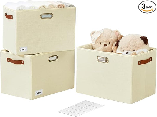 3-Pack Foldable Fabric Storage Bins with Durable PU & Metal Handles , Collapsible Storage Baskets for Shelves, Home Storage, Closet Organizers, Living Room(17"x11.8"x11.8", Beige)