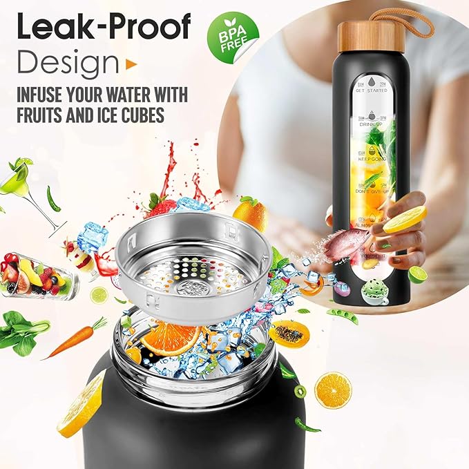 Aqulea Glass Water Bottles 25 Oz with Silicone Sleeve - BPA Free Reusable Wide Mouth Glass Motivational Water Bottles with Fruit Infuser – Leak Proof Borosilicate Water Bottle with Time Marker (Black)