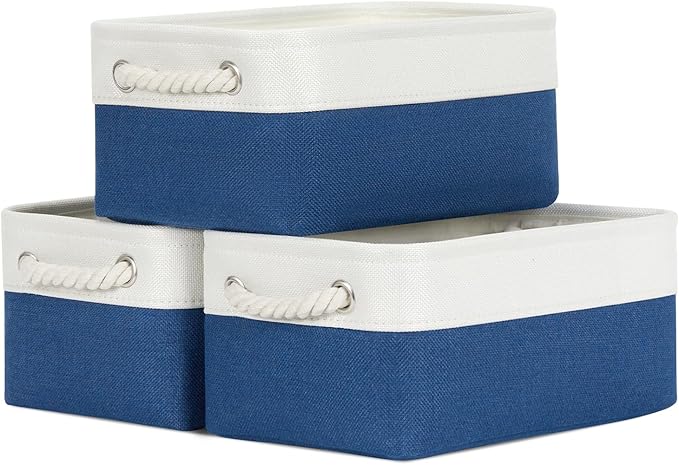 Bidtakay Small Storage Baskets for Shelves 3 Pack Fabric Storage Bins for Organizing Linen Collapsible Organizer for Closet-White&Blue