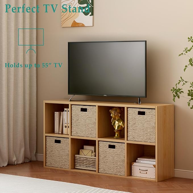 8-Cube Storage Shelf Bookcase - Wooden 4-Tier Floor Standing Open Bookshelf for Home and Office, Display Cabinet, Oak