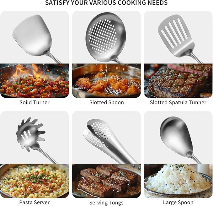 304 Stainlss Steel Kitchen Utensils Set, 11 Pcs Long Metal Cooking Utensil Gadgets Tools Set with Spatula, Ladle, Spoon, Ladle, Skimmer, Tunner, Pasta Server, Tongs(Silver, Dishwasher Safe)