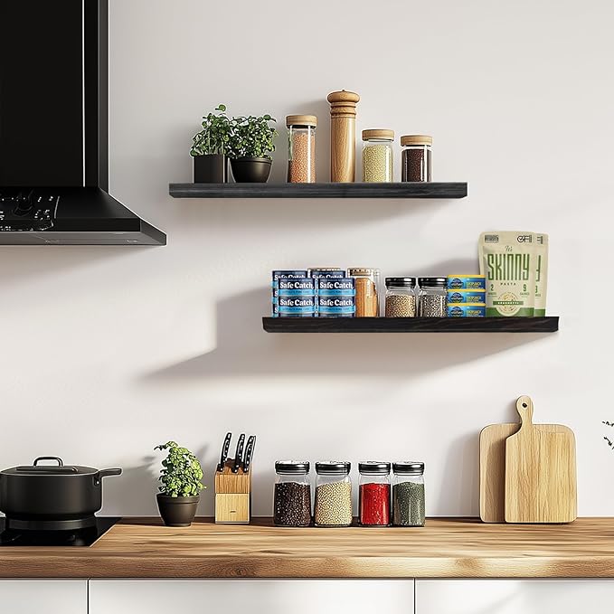 24"x6.8"x1.2" Solid Wood Floating Shelves 2-Pack - Rustic Black Finish with Hidden Brackets, Perfect for Storage and Décor in Living Room, Kitchen, Bedroom