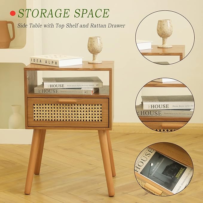 MaxSmeo Mid Century Modern Nightstand with Drawer, Small Nightstand Bedside Table, Rattan Nightstand, Wood End Table for Bedroom, Living Room (Brown)