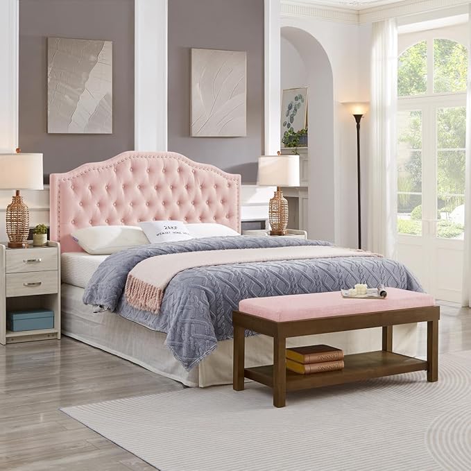 24KF Upholstered Button Tufted Queen Headboard with Nailhead Trim, Elegant Boucle Fabric Full headboard, 6031-Q-Boucle-Pink