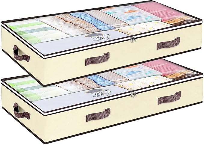 90L Under Bed Storage Containers, Underbed Toy Organizers and Clothing Storage Bags, Closet Storage Bins with Clear Window for Organizing Blanket Comforter Bedding Clothes Bedroom Dorm, 2 Pack Beige