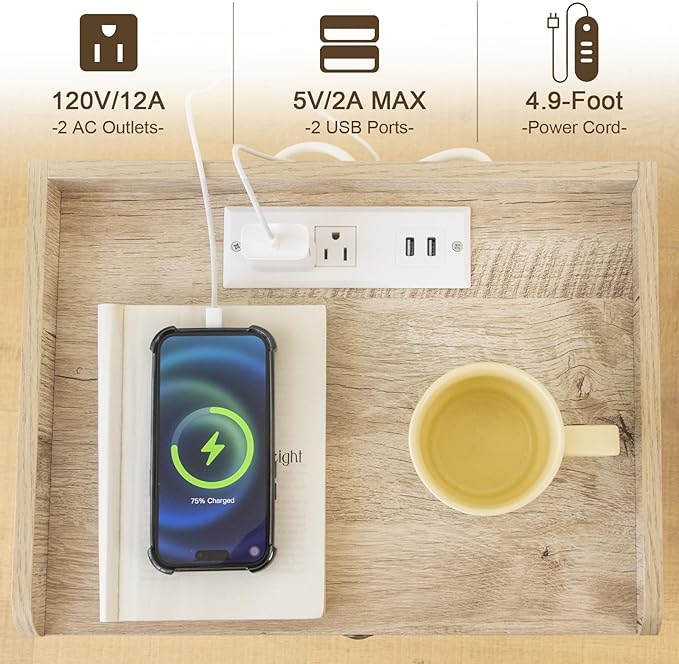 AWASEN Nightstand with Charging Station, Modern Bedside Table with Glass Decorative Drawer, Charging Night Stand Side Tables for Bedroom and Small Space, Rustic White Oak