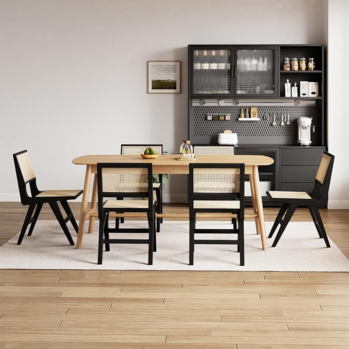 Accent Chair Dining Chairs Set of 2, Solid Wood Frame Boho Rattan Chair, Mid Century Modern Accent Chairs for Living Room Bedroom Dining Room Kitchen(Black)