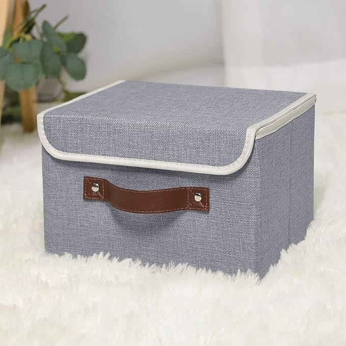 ANMINY 4PCS Storage Bins with Lid PU Leather Handles Storage Boxes PP Plastic Board Decorative Foldable Lidded Cotton Linen Fabric Home Cubes Baskets Closet Organizer Containers - Gray, Small Size