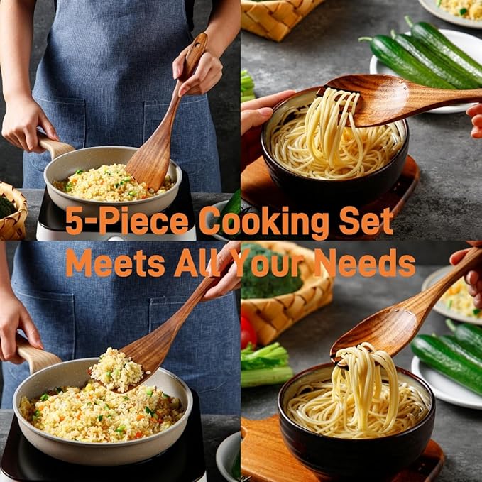 5 Piece Wooden Spoons for Cooking - Natural Finish Wooden Cooking Utensils - Soft Grip Wood Spoons - Non-Stick Wooden Spoons
