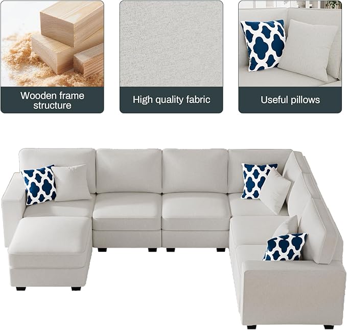 L Lengend Vansen Modular Sectional Sofa U Shaped Couch with Ottoman Modern Reversible Corner Sectional Couch for Living Room (Cream, U Shaped Sofa-2)