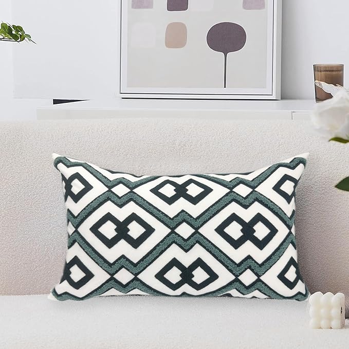 Alysheer Embroidered Lumbar Decorative Throw Pillow Cover 12"x 20", Classic Boho Geometric Embroidery Pattern Cotton Rectangular Cushion Case for Sofa Couch Living Room Bedroom (Navy Aqua)
