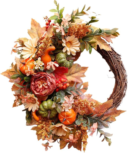 20Inch Fall Wreaths for Front Door,Fall Decorations for Home,Autumn Wreaths with Pumpkin Peony Sunflowers Berry Wreaths,Fall Door Wreath for Thanksgiving Halloween Farmhouse Home Outdoor Indoor Decor