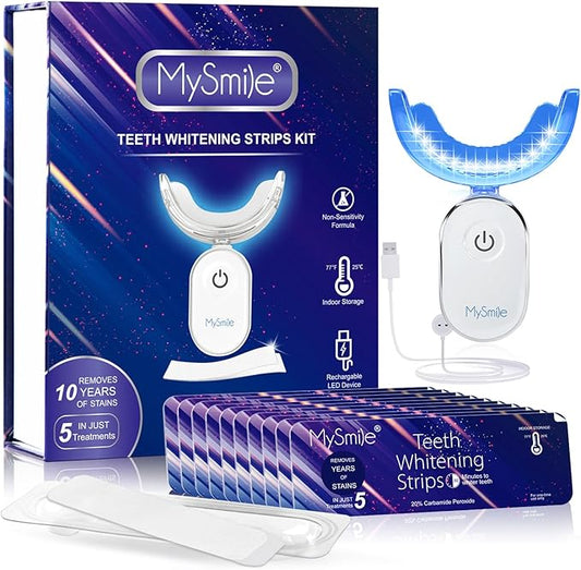 MySmile Non-Sensitive 10Pcs Teeth Whitening Strips Kit with Waterproof 28X LED Light 10-Min Fast Remove Coffee Wine Tobacco 20 Years of Stains Whitening Tooth Care Oral Safe for Enamel