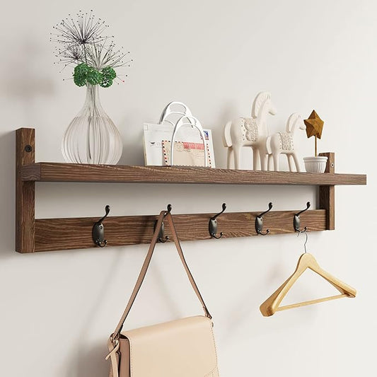 AMBIRD 28.9 Inch Length Shelf with Hooks Entryway Coat Rack Wall Mount Wood Coat Hooks with Shelf Wall-Mounted Coat Hook Rack with 5 Dual Hooks for Bathroom, Living Room, Bedroom (Brown)