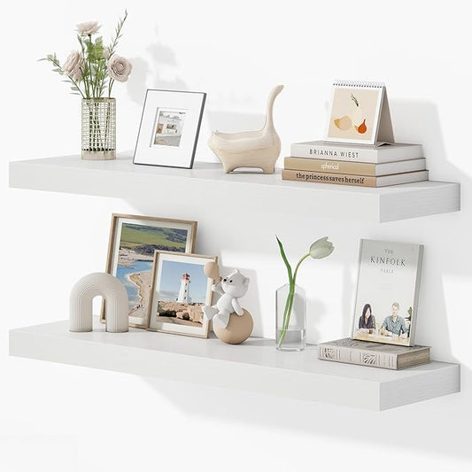 36 Inches Floating Shelves for Wall, 9.3" Deep Long Floating Shelves Set of 2, Large Display & Storage Shelf, Wall Shelf for Bathroom Bedroom Living Room Kitchen Office, White