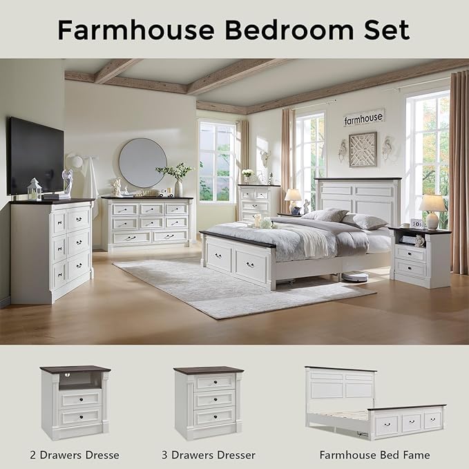 26" Tall Farmhouse Nightstand, 2 Drawers End Table w/Charging Station, 23.6" Wide Large Side Table w/Roman Column, Wood Rustic Sofa Table w/Open Shelf, Bedside Table for Bedroom, White