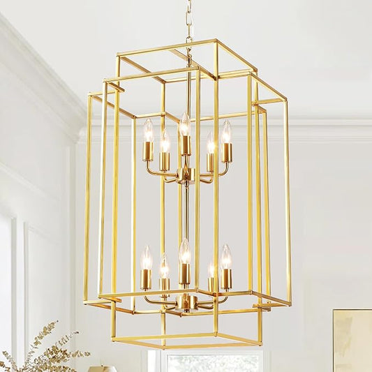 30" Farmhouse Gold Chandelier, 10-Light Foyer Lighting Fixtures, Lantern Tiered Pendant Light Fixtures, Metal Rustic High Ceiling Chandelier for Dining Room Entryway Staircase