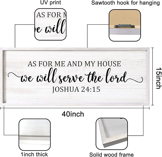 As For Me And My House We Will Serve The Lord Framed Wall Art, 40''×15'' Positive Religious Rustic Bible Verse for Christian God Jesus Christ Prayer, Vintage Horizontal Holy Catholic Scripture Decor