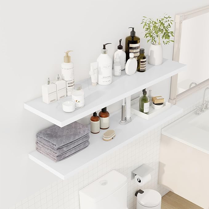 48" Floating Shelves for Wall, 12" Deep Slim White Floating Shelves, Wall-Mounted Shelves for Bedroom, Living Room, Kitchen, Bathroom - Set of 2