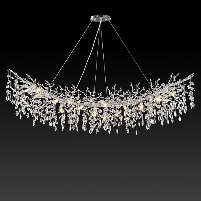 Modern Crystal Silver Chandelier,72" Large Rectangular Chandeliers for Dining Room, Tree Branch Crystal Lving Room Chandelier,Dining Room Over Table Chandelier,Fixture Height-Adjustable