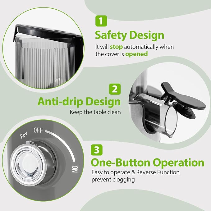 Aeitto Cold Press Juicer, Juicer Machines with 4.9" Large Feed Chute, Fits Whole Vegetables and Fruits, Professional Juice Maker, Easy to Clean, High Juice Yield, Easy to Assemble,Grey