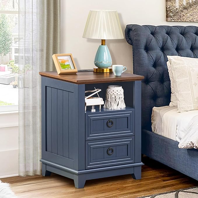 18" Farmhouse Night Stand with Charging Station, 2 Drawers End Table Dresser for Bedroom, Blue Wooden Nightstand, Bed Side Table with Open Shelf, Bedside Cabinet for Living Room, Closet