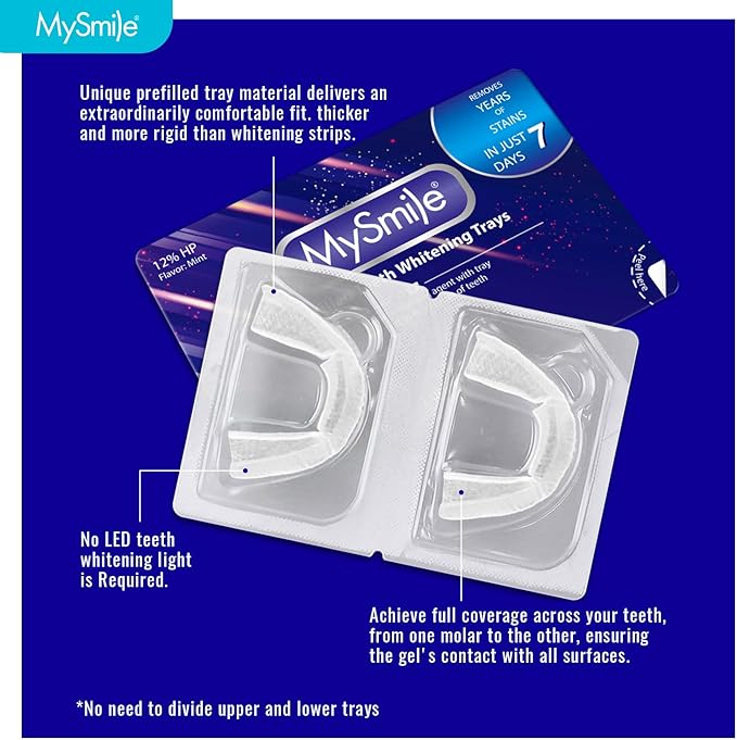 MySmile 7 Treatments Prefilled Teeth Whitening Trays Kit with 12% Hydrogen Peroxide Whiter Gel for Sensitive Tooth, Fast-Result Vegan Teeth Whitener Tooth Stain Remover, Mint Flavor