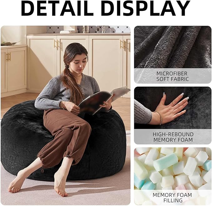 Bean Bag Chair 3Ft, Memory Foam Filled, Large Beanbag Chairs for Adults and Teens, Soft Sofa with Removable Flannel Cover, Round Couch for Living Room Bedroom College Dorm (Black, 3FT-36×36"×24")
