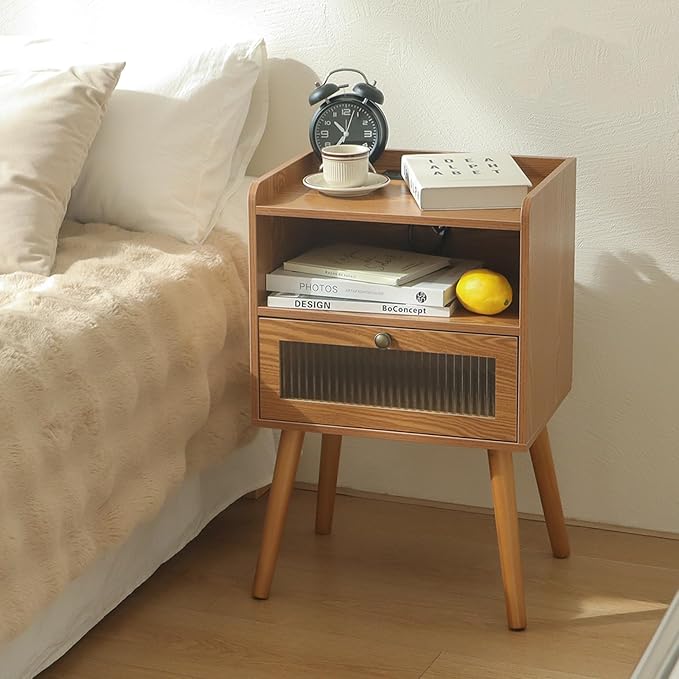 AWASEN Mid Century Nightstand with Charging Station, Modern Bedside Table with Glass Decorative Drawer, Small End Side Table with 2 Tiers Storage for Bedroom, Office and Small Space(Brown)