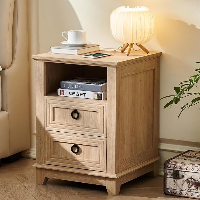 18" Farmhouse Night Stand with Charging Station, 2 Drawers Bedside End Table, Natural Wooden Nightstand, Bed Side Table Cabinet with Open Shelf for Bedroom Living Room Office