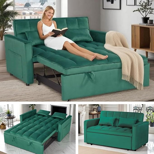 3 in 1 Sleeper Sofa Bed, Futon Sofa Bed for Living Room with Side Pocket, Green Sleepers Sofas Couch with Pullout Beds, Convertible Love Seat Sleepers Couch for Living Room, Bedroom