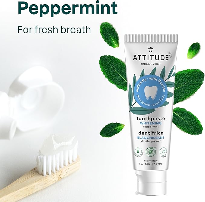 ATTITUDE Toothpaste with Fluoride, Prevents Tooth Decay and Cavities, Vegan, Cruelty-Free and Sugar-Free, Whitening, Peppermint, 4.2 Oz (Pack of 2)