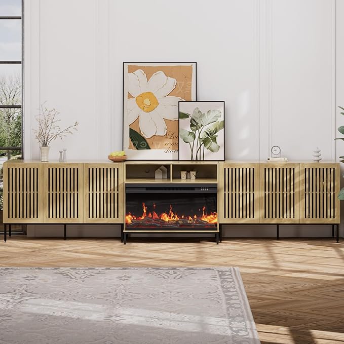 3-Sided Glass Farmhouse Fireplace TV Stand for TVs Up to 110 Inch, Oak Entertainment Center with 36" Electric Fireplace, TV Console with Storage Cabinets for Living Room